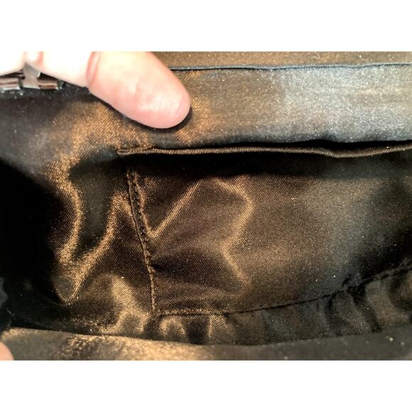 Santi Pleated Perfection Satin Black Evening Bag + Rhinestone Closure + Chain - Picture 6 of 8